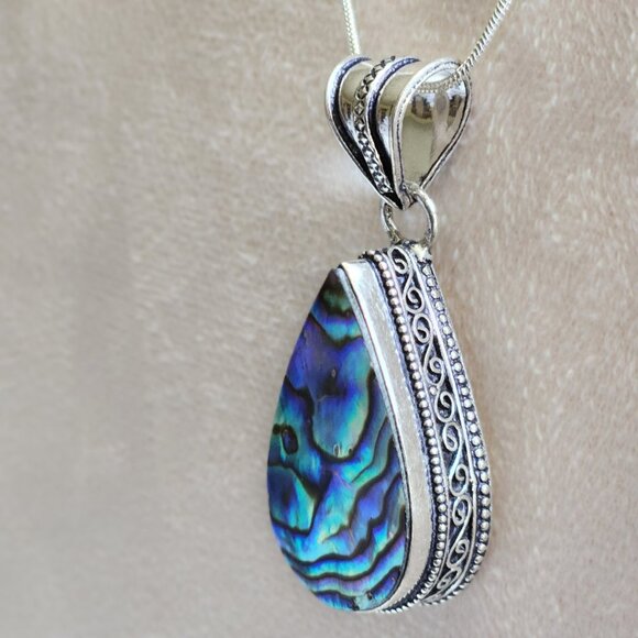 Abalone Tear Drop Handcrafted Detailed Metalwork Pendant Sterling Necklace NWOT - Picture 5 of 6